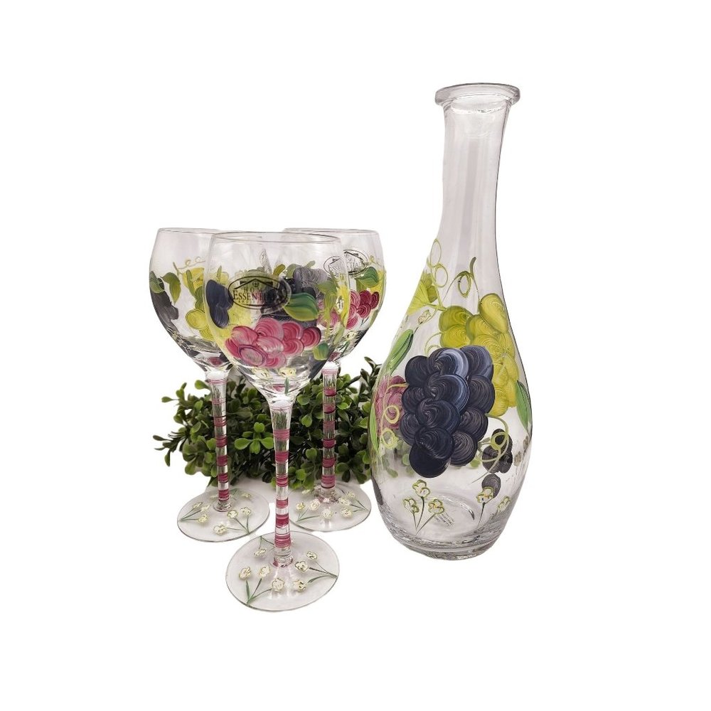 Home Essentials Hand Painted Wine Glasses and Decanter - Grapes and Flowers